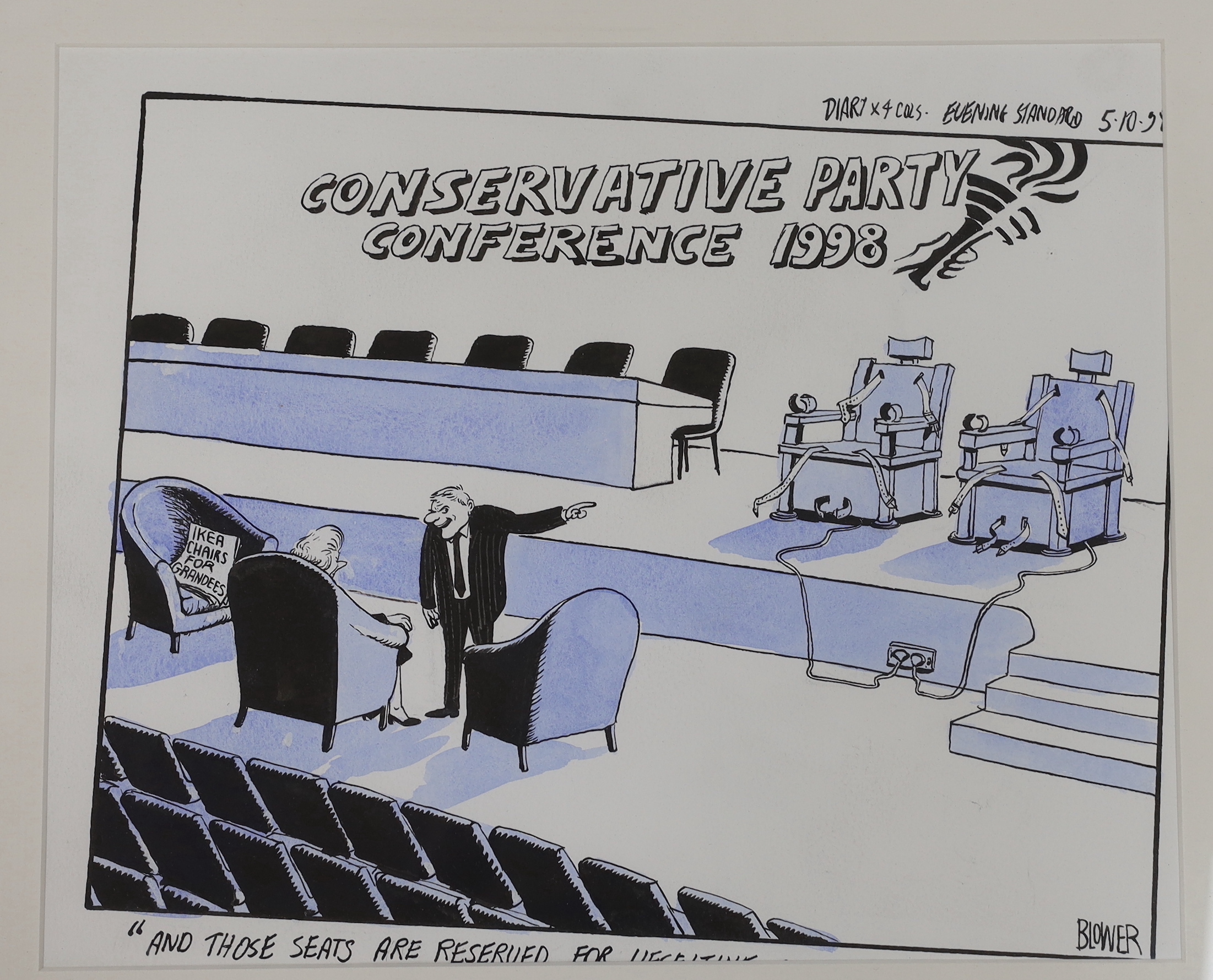 Patrick Blower (b.1959), three original ink and watercolour cartoons for The Evening Standard, 'Bill Clinton ski-ing', 'Tory Crime Policy' and 'Conservative Conference 1998', signed, 30 x 37cm